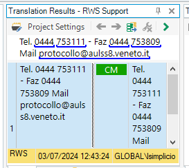 Screenshot of Trados Studio interface showing Translation Results window with a segment selected. A warning icon with 'CM' is displayed next to the segment text.