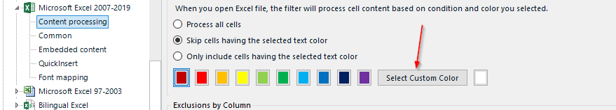 Trados Studio screenshot showing Microsoft Excel 2007-2019 content processing options with a focus on text color filtering and an arrow pointing to 'Select Custom Color'.