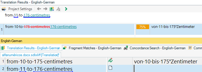 Screenshot of Trados Studio showing a partial translation match at 75% for the phrase 'from:10 to:175 centimetres' translated to 'von:10 bis:175Zentimeter' in German.