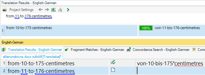 Screenshot of Trados Studio displaying a full translation match at 100% for the phrase 'from:11 to:176 centimetres' translated to 'von:11 bis:176 centimetres' in German.