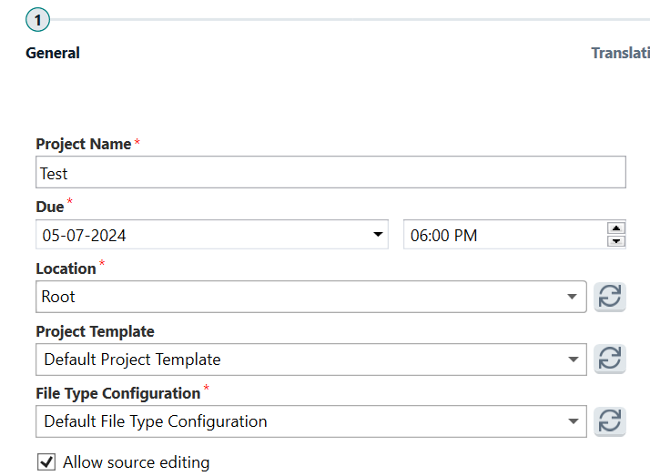 Screenshot of Trados Studio project creation window with fields for Project Name, Due date, Location, Project Template, and File Type Configuration.