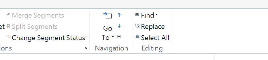 Screenshot of Trados Studio toolbar showing icons for Merge Segments, Split Segments, Change Segment Status, and a Navigation section with arrows, Find, Replace, and Select All options.