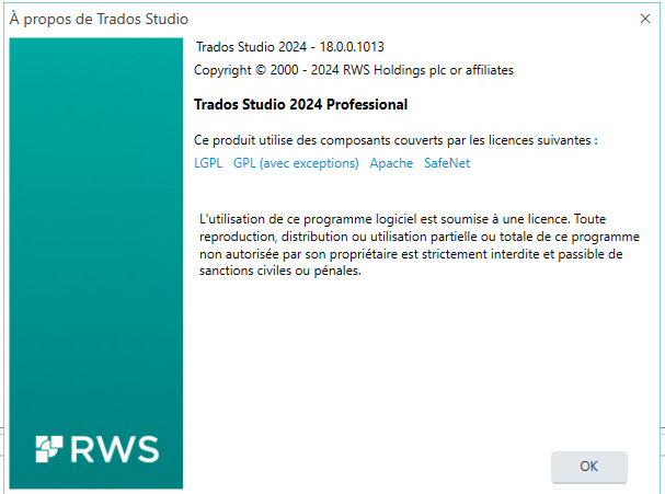 About Trados Studio dialog box showing version 2024 - 18.0.0.1013 with copyright and licensing information, including LGPL, GPL with exceptions, Apache, and SafeNet.