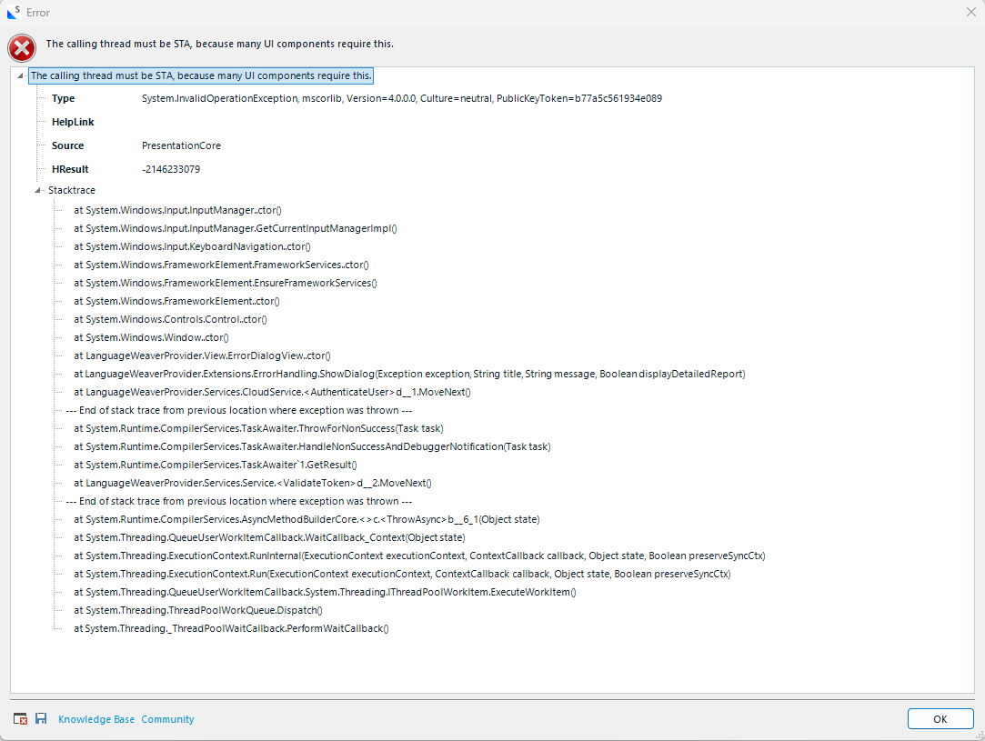 Error dialog box in Trados Studio 2024 displaying a message: 'The calling thread must be STA, because many UI components require this.' followed by a stack trace with system details.