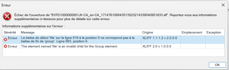 Error dialog box showing failure to open a file with two error messages. First error indicates a 'file' tag start at line 919 position 5 does not match end tag of 'group' at line 963 position 6. Second error states 'file' is an invalid child for the 'Group' element.