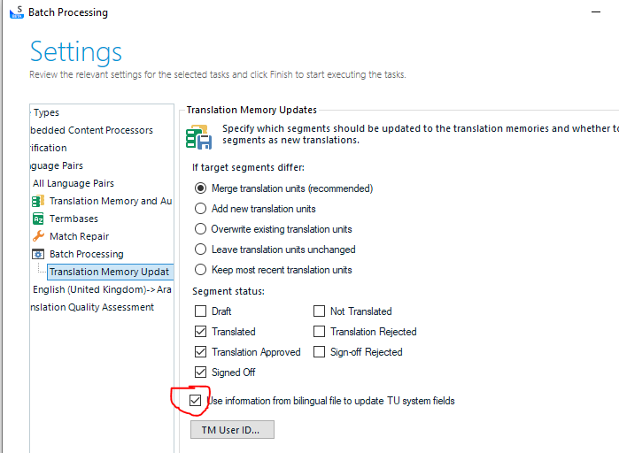 Screenshot of Trados Studio's Batch Processing settings with Translation Memory Updates section visible. An option 'Use information from bilingual file to update TU system fields' is highlighted.