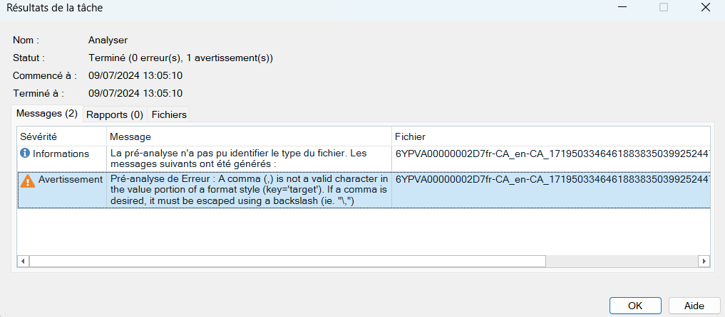 Trados Studio task results window showing 0 errors and 1 warning. The warning message states that a comma is not a valid character in the value portion of a format style and must be escaped with a backslash.