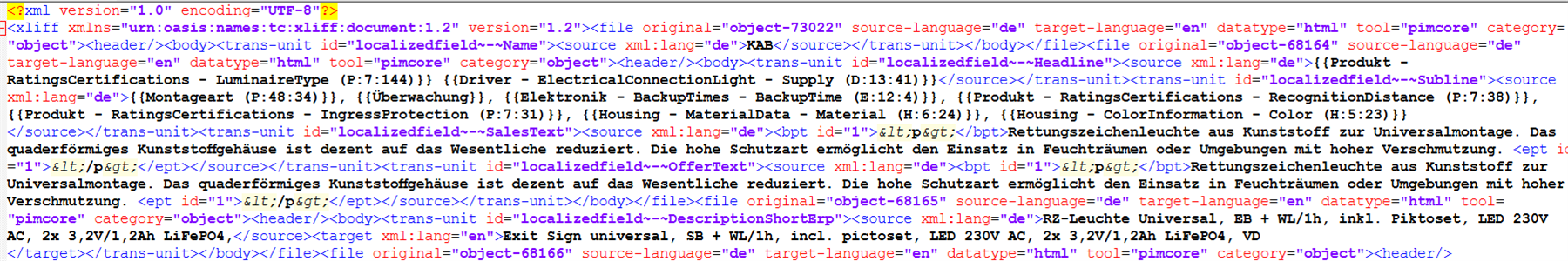 Screenshot of an XML code snippet with UTF-8 encoding, showing trans-unit tags with id attributes for localized fields such as Headline and Subline.