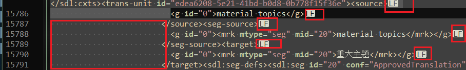 Screenshot of Trados Studio XLIFF code with red boxes highlighting line feed characters (LF) indicating possible incorrect formatting.