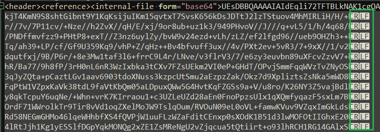 Image of Trados Studio XLIFF file header with red boxes around line feed characters (LF) suggesting unexpected line breaks in the base64 encoded reference.