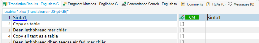 Screenshot of Trados Studio interface with a document open, displaying source and target columns incorrectly merged into one column labeled 'Siota1'.