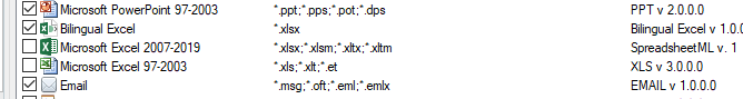 Screenshot of Trados Studio file type settings showing various Microsoft Office formats. Bilingual Excel is selected with file extension '.xlsx' highlighted.