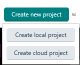 Screenshot of Trados Studio with a 'Create new project' dialog box showing two options: 'Create local project' and 'Create cloud project'.