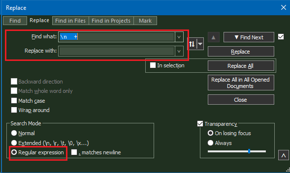 Screenshot of Notepad++ Replace dialog box with regex pattern 'n +' entered in 'Find what:' field and 'Replace with:' field empty. 'Regular expression' search mode selected.