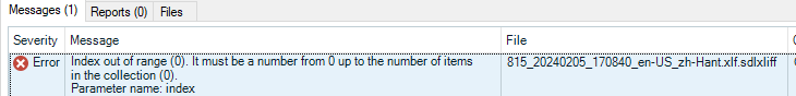 Screenshot of Trados Studio error message displaying 'Index out of range (0): It must be a number from '0' up to the number of items in the collection (0). Parameter name: index.'