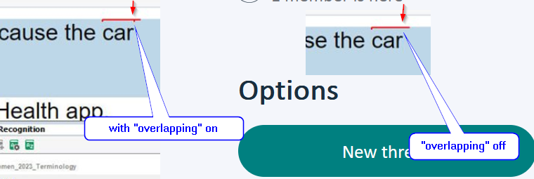 Partial screenshot of Trados Studio interface showing text 'because the car' with a red arrow pointing to a small dash indicating 'overlapping' is on.