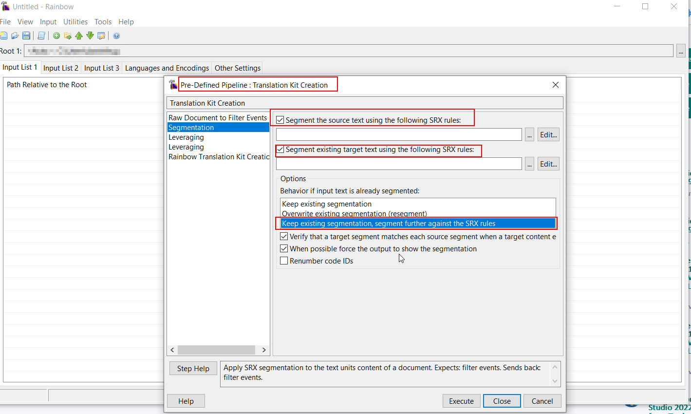 Screenshot of the 'Segmentation' settings in the 'Translation Kit Creation' pipeline within the Okapi Rainbow application, with options to segment source and target text using SRX rules.