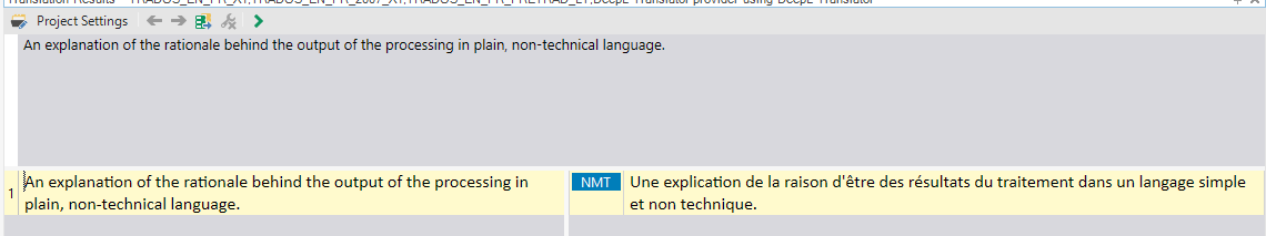 Screenshot of Trados Studio translation window with project settings icon and a segment to translate showing only NMT result.