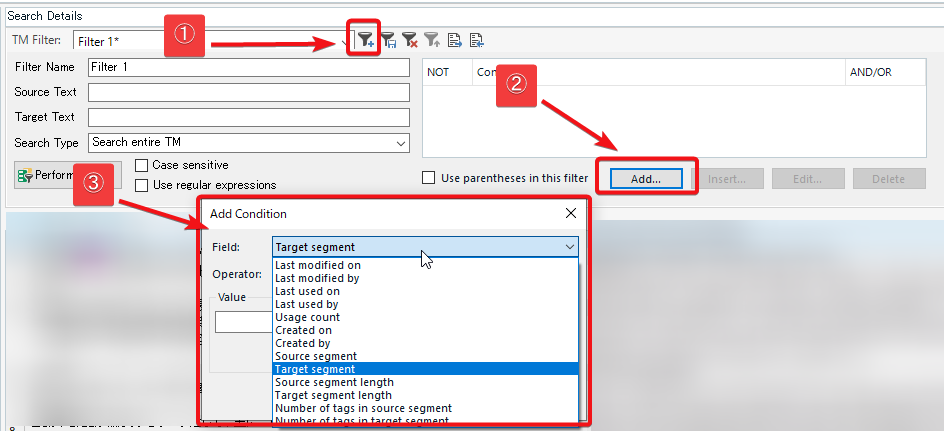 Screenshot of Trados Studio's 'Translation Memories' view with a 'Search Details' panel. A red arrow points to the 'Add Condition' button for creating a filtered search.