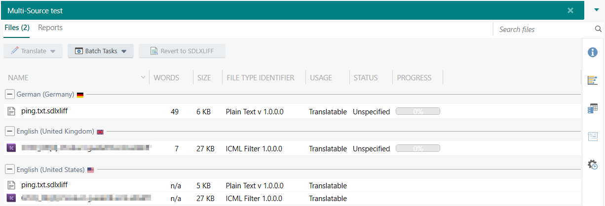 Screenshot of Trados Studio's Multi-Source test project with a list of files. A file named 'ping.txt.sdlxliff' under 'German (Germany)' has a warning icon. All files are at 0% progress.