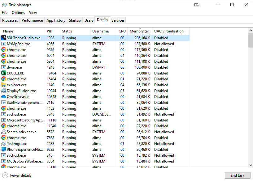 Details tab in Task Manager listing processes including SDLTradosStudio.exe with memory usage and other details.