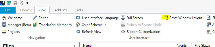 Screenshot of Trados Studio interface showing the 'View' tab with 'Reset Window Layout' button highlighted.