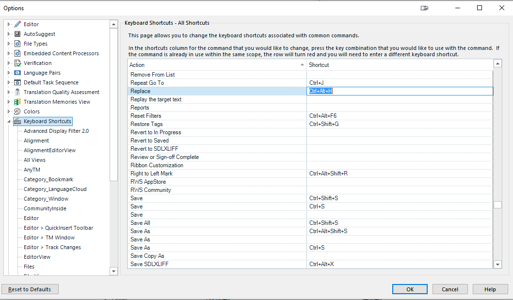 Screenshot of Trados Studio 'Options' dialog with 'Keyboard Shortcuts' section, highlighting the 'Replace' command set to 'Ctrl+Alt+H'.