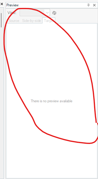 Screenshot of Trados Studio's Preview pane with a message 'There is no preview available' and a red outline drawn around the pane.