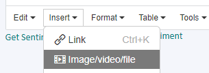 Dropdown menu with 'Insert' highlighted showing options 'Link' with shortcut 'Ctrl+K' and 'Imagevideofile'.