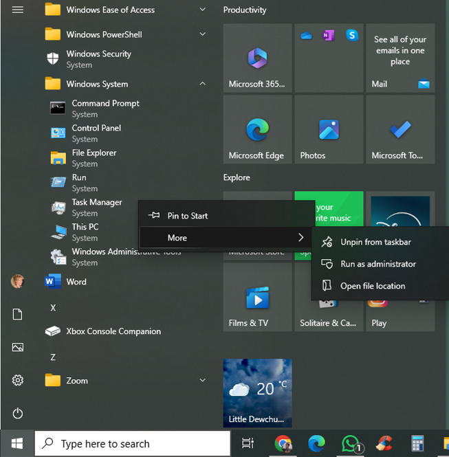 Windows Start menu open with the cursor hovering over 'Task Manager' under Windows System. A context menu is open with 'Run as administrator' highlighted.