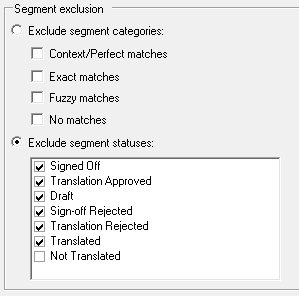 Screenshot of Trados Studio's Segment Exclusion settings with options to exclude segment categories and statuses. Categories include ContextPerfect matches, Exact matches, Fuzzy matches, and No matches. Statuses include Signed Off, Translation Approved, Draft, Sign-off Rejected, Translation Rejected, Translated, and Not Translated.