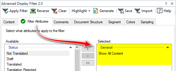 Screenshot of Trados Studio's Advanced Display Filter 2.0 with an arrow pointing from 'Status' to 'Show All Content' in the 'Selected' area.