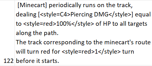 Text snippet from Trados Studio with markup tags showing instructions for a Minecart in a game, including 'Piercing DMG' and '100%' damage.