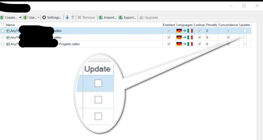 Screenshot of Trados Studio showing the Translation Memories list with one TM checked in the 'Update' column.