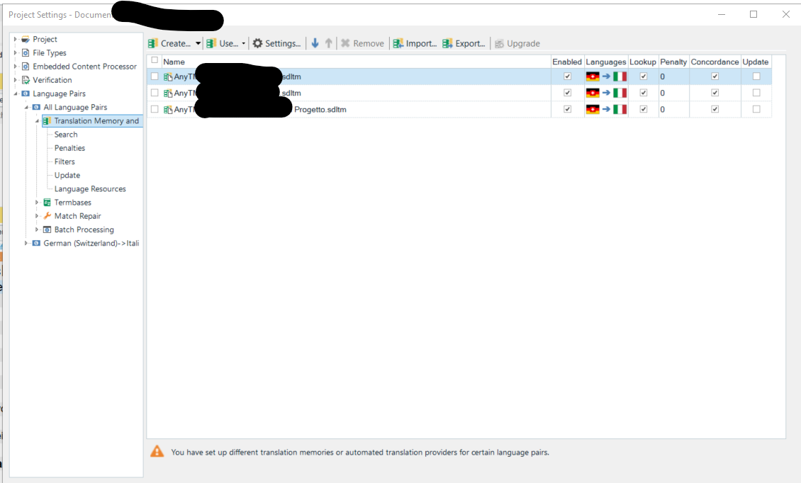 Screenshot of Trados Studio Project Settings showing Translation Memory and Automated Translation settings with a warning message about different translation memories or automated translation providers for certain language pairs.