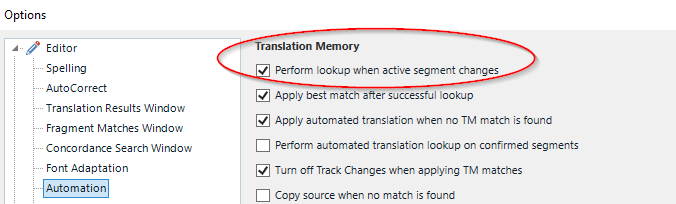 Screenshot of Trados Studio options menu with Translation Memory settings. 'Perform lookup when active segment changes' is checked.