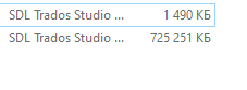 Two SDL Trados Studio project files listed with file sizes, the first being 1,490 KB and the second 725,251 KB.