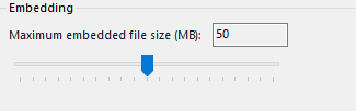 Screenshot of Trados Studio setting showing the Embedding section with Maximum embedded file size (MB) set to 50.