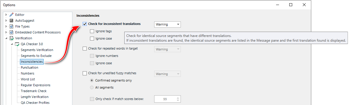 Trados Studio screenshot showing the Options dialog with Verification selected, highlighting the Inconsistencies section with 'Check for inconsistent translations' option checked.