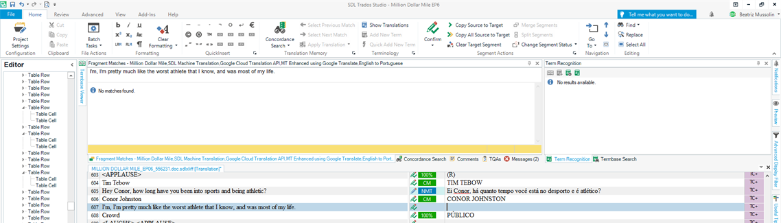 Screenshot of Trados Studio with a project open. The Translation Memory (TM) search shows 'No matches found.' The Editor pane displays segments with source and target texts, and the Term Recognition pane is empty.