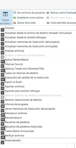 Screenshot of Trados Studio 2022 Pro showing the batch tasks menu with various tasks listed, such as 'Pre-translate Files' and 'Verify Files'.