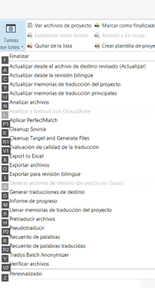 Another screenshot of Trados Studio 2022 Pro with the batch tasks menu, similar to the first image, indicating a consistent interface.