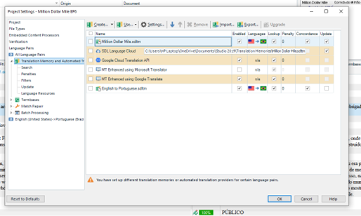 Screenshot of Trados Studio Project Settings showing a warning message about different translation memories or automated translation providers for certain language pairs.