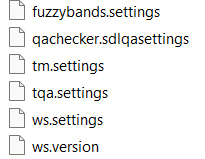 Folder view showing files: fuzzybands.settings, qachecker.sdlqasettings, tm.settings, tqa.settings, ws.settings, ws.version.