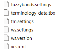 Folder view showing files: fuzzybands.settings, terminology_data.tbx, tm.settings, ws.settings, ws.version, XCS.xml.