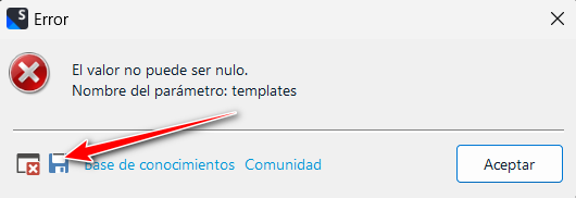 Error dialog box in Trados Studio with a red cross icon, displaying the message 'El valor no puede ser nulo. Nombre del parametro: templates'. There is a red arrow pointing to a 'Help' icon.