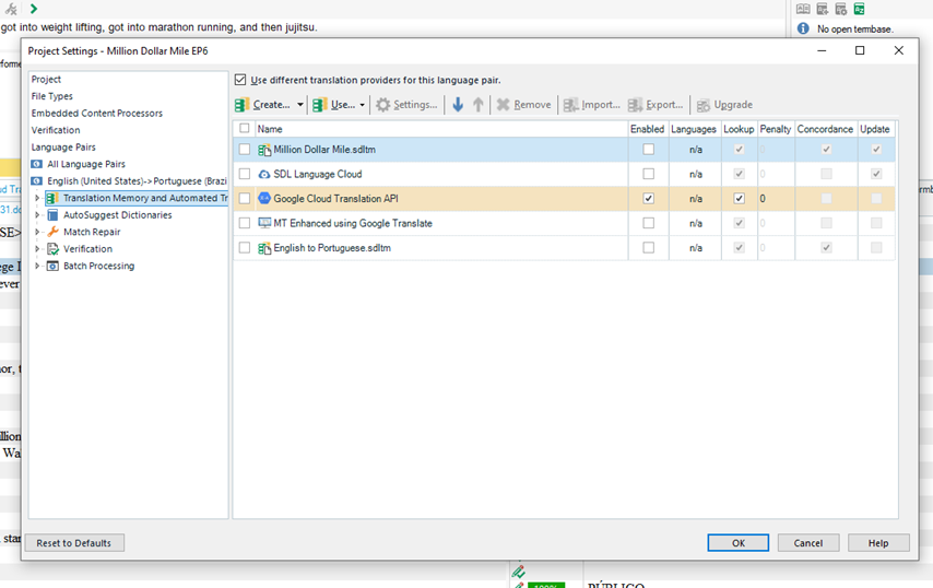 Screenshot of Trados Studio 2019 Project Settings window showing Translation Memory and Automated Translation settings for English (United States) to Portuguese (Brazil) with no Translation Memory or Automated Translation enabled.