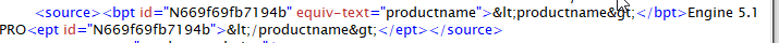 Screenshot of code in Trados Studio showing an error where 'productname' is surrounded by angle brackets instead of '<' and '>' entities.