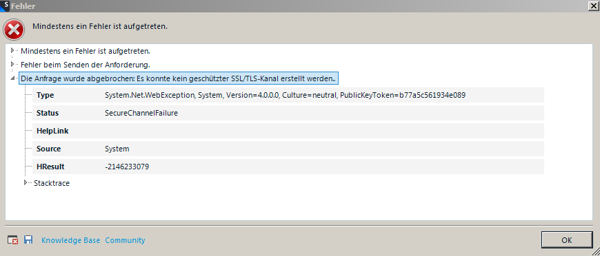 Error dialog box in Trados Studio with a red cross icon indicating 'At least one error has occurred.' It shows a .NET WebException related to a failed request due to an SSLTLS secure channel failure.