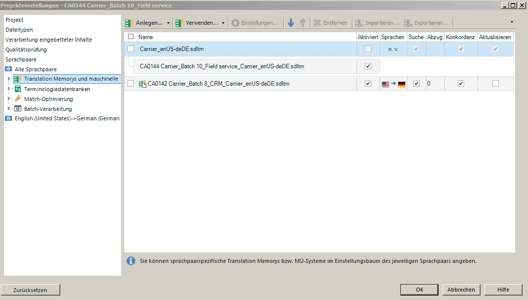 Trados Studio project settings window showing Translation Memory and Machine Translation settings with a list of language pairs and translation memory files. A message at the bottom suggests setting language pair-specific translation memories.